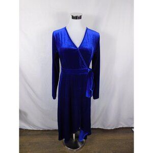 Blue Velvet Wrap Dress Womens Medium US 6 Tie Waist Long Sleeve Midi Party